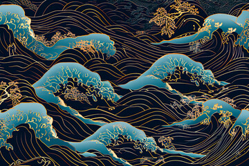 A background design featuring a navy blue Japanese-style wave pattern.