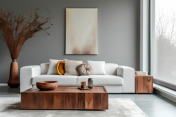 A wooden square coffee table positioned near a white sofa in a room with a grey wall adorned with an art poster, showcasing an elegant and minimalist home interior design in a modern living room.
