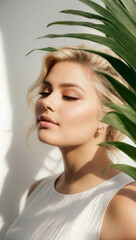 Naklejka premium Beautiful fashionable young woman portrait poses near white wall with palm leaf shadow