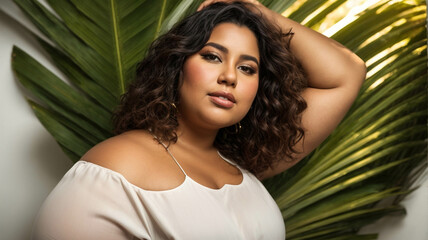 Beautiful fashionable young woman portrait poses near white wall with palm leaf shadow