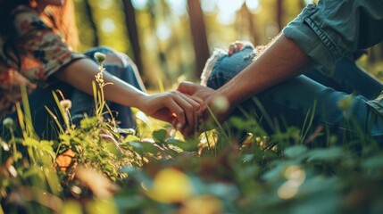 Young couple seating on grass in park, they holding hands and fell in love. Romantic dating in a park - obrazy, fototapety, plakaty