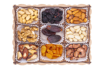 Mix of nuts and dried fruits on a white background