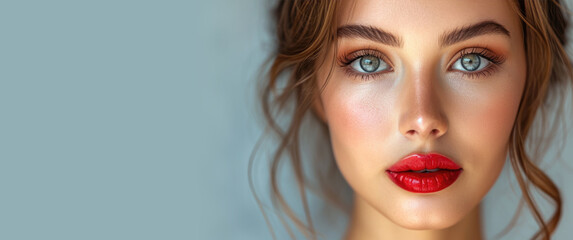 Beautiful woman with fresh permanent makeup for lips, beauty studio shot - obrazy, fototapety, plakaty