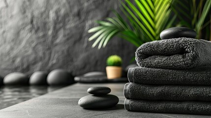 Dark Towel with scented candles. Aromatherapy and beauty. Conceptual set of harmony, massage, balance and meditation, spa, relaxation, beauty spa treatments. - obrazy, fototapety, plakaty