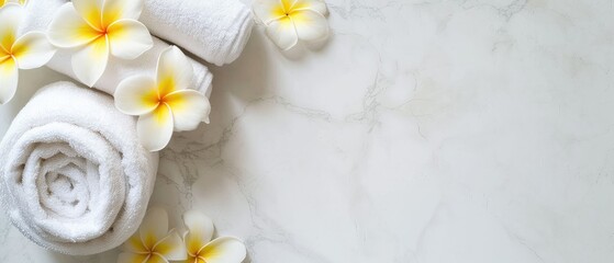 spa background stack of white terry towels, plumeria flowers on white marble background with space for text