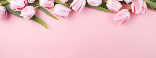 pink tulips on pink background place for text