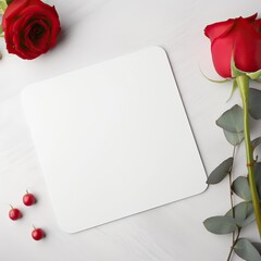 White Blank Mouse Pad Mockup. Side View. "9x8" Inches. Red Roses In Background.