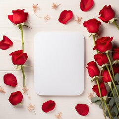 White Blank Mouse Pad Mockup. Side View. "9x8" Inches. Red Roses In Background.