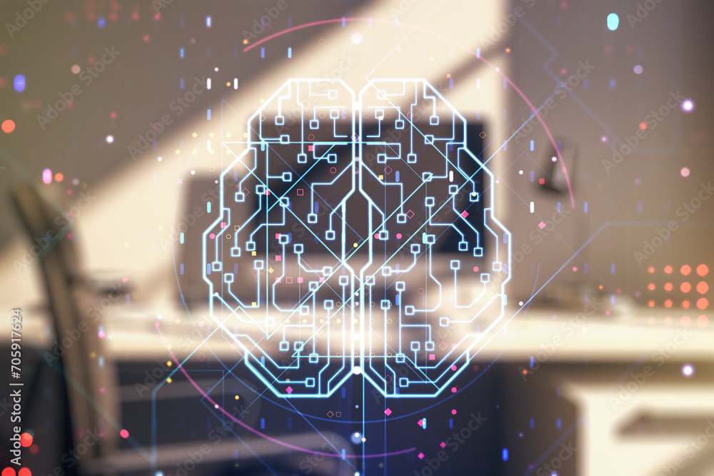Poster double exposure of creative artificial intelligence symbol and modern desktop with laptop on backgro