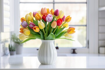Bouquet of colorful tulips in vase on kitchen table