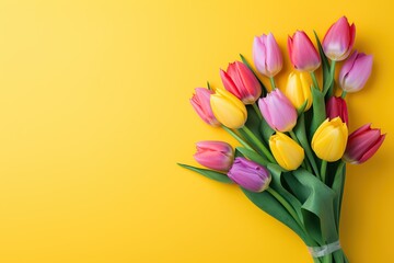 Bouquet of colorful tulips on yellow background