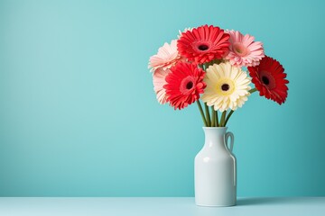 Bouquet of gerbera flower in vase on blue background - obrazy, fototapety, plakaty