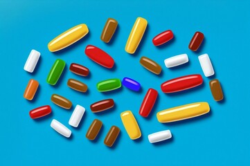 Colorful pills on blue background. Top view with copy space.