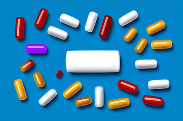 Colorful pills on blue background. Top view with copy space.