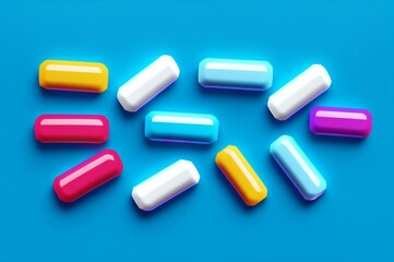 Colorful pills on blue background. Top view with copy space.