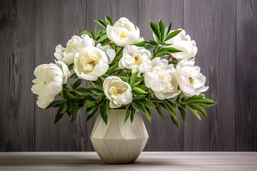 White peony flowers in vase on wooden background