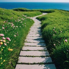 Obraz premium Path though green grass field with flowers, sea in the background