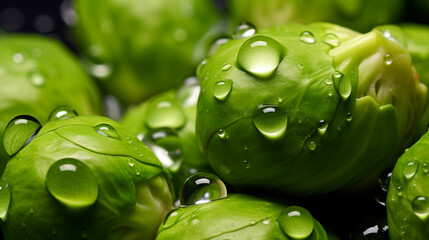 Naklejka premium Close-up of raw, fresh and whole Brussels sprouts in water drops.Generative AI