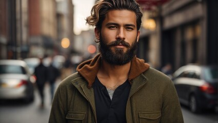 Obraz premium Young adult hipster with beard standing in city street.