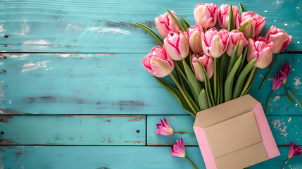 Pink and White Tulips Spilling from Envelope on Rustic Turquoise Wooden Background