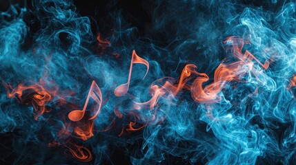 Blue and red smoke of  music notes on black isolated background. Background from the smoke of vape - obrazy, fototapety, plakaty