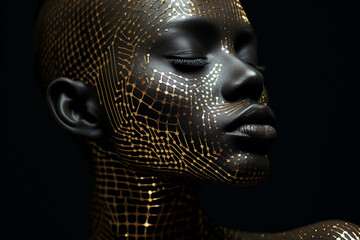 Male model painted in black skin color body with gold paint spots on face 