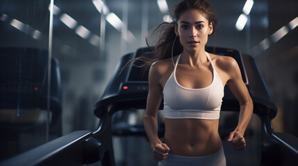 Fototapeta na wymiar woman running on a treadmill indoors.Generative AI