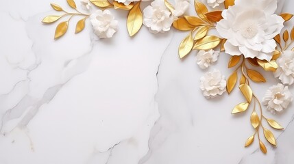 White and gold flowers on white marble background. Flat lay, top view