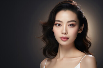 A commercial portrait of Asian beauty isolated on a pastel background in a studio setting