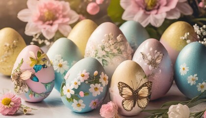 Fototapeta na wymiar Assorted Easter Eggs in Pastel Colors with Floral and Butterfly Decorations, Spring Celebration Display