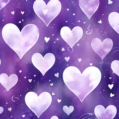 Seamless pattern with white watercolor hearts on purple background