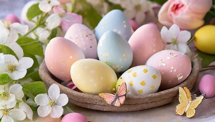 Fototapeta na wymiar Assorted Easter Eggs in Pastel Colors with Floral and Butterfly Decorations, Spring Celebration Display