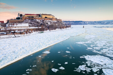 Danube river in cold winter Petrovaradin fortress Novi Sad, Serbia - 705919486