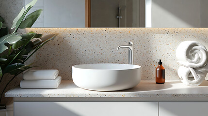 Terrazzo counter with white sink. Minimalist interior design of modern bathroom