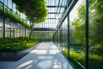 Transparent Greenhouse with Green Foliage and Trees, Showcasing Sustainable Indoor Gardening