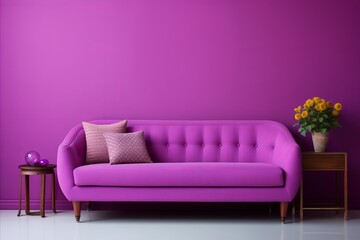 Modern magenta living room interior with trendy wall and comfortable soft sofa in vibrant colors