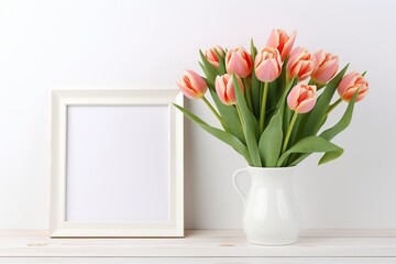 Blank photo frame with bouquet tulip flowers on wooden background