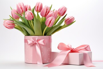 Gift box with ribbon bow and bouquet of tulips on white background. Mother's Day concept