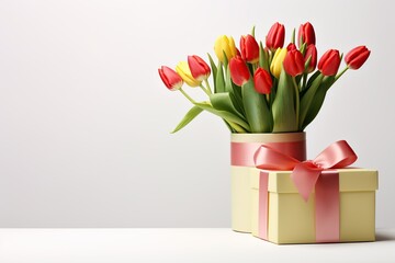 Gift box with ribbon bow and bouquet of tulips on white background. Mother's Day concept