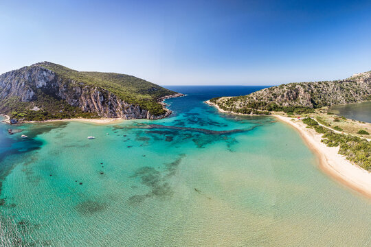 Divari or Golden beach and Mpouka beach at Sfaktiria island in Messinia, Greece