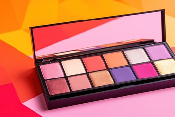 Makeup eyeshadow palette with mirror on colorful background. Cosmetic products