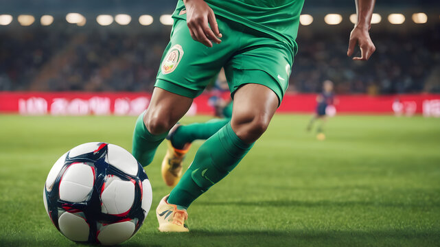 close-up photo of a professional soccer player playing football on a green grass pitch at a big stadium. dribbling the ball against opponents. soccer match on a field. Generative AI