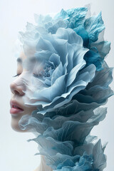 Double exposure of woman with light blue flower petals.
Mindfulness concept.
