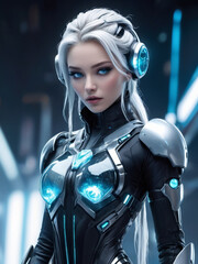 Naklejka premium photography of a Sexy Ice Princess in a high-tech suit, futuristic cyberpunk style. ai generative