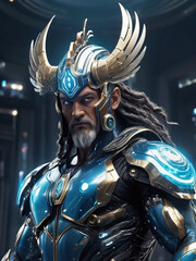 photography of a God Poseidon in a high-tech suit, futuristic cyberpunk style. ai generative