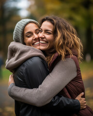 Fototapeta premium Friends hugging at a park, AI Generative.