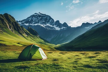 Camping and tent near the mountains in the morning - obrazy, fototapety, plakaty
