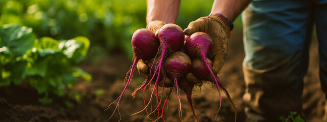 red beet in hands harvesting.Beetroot with green leaves.