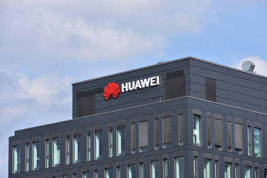 Huawei company office with signage, logo, emblem on the facade, Polish branch of global chinese corporation. WARSAW, POLAND - SEPTEMBER 23, 2023