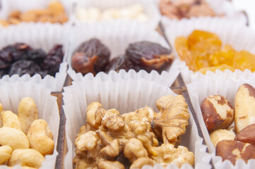 Mix of nuts and dried fruits close up
